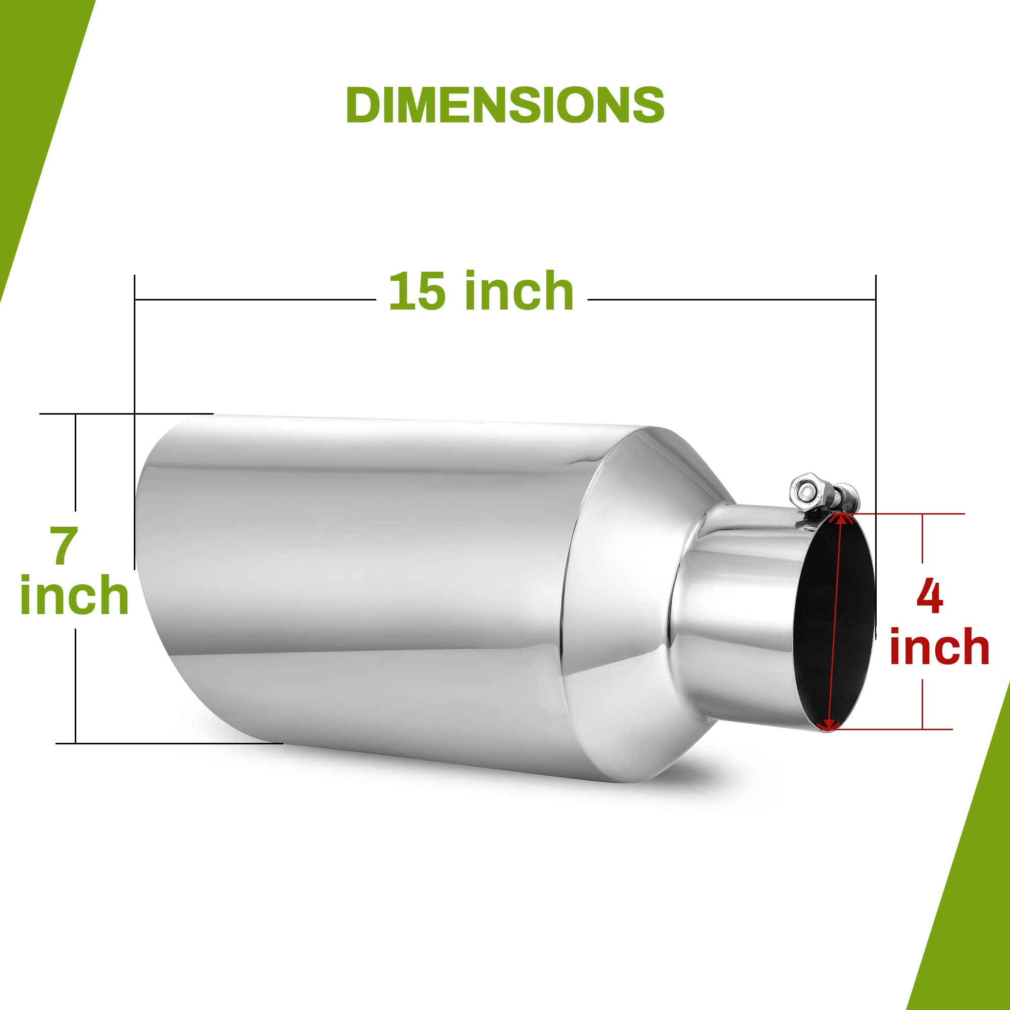 Autosaver88 Chrome Exhaust Tip 4 Inch Inlet, 4'' Inlet 7'' Outlet 15'' Overall Length Stainless Steel Diesel Exhaust Tail Tip Fo