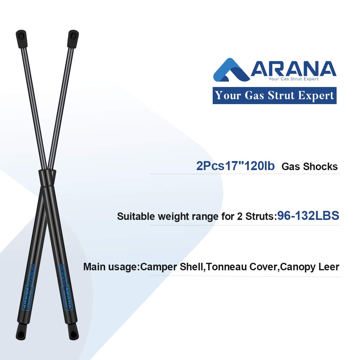 Arana 17 Inch 120 Lb Gas Prop Struts Shocks, 17'' 534 N Gas Springs For Heavy-Duty Are Leer Truck Pickup Heavy Bed Platform Tonn