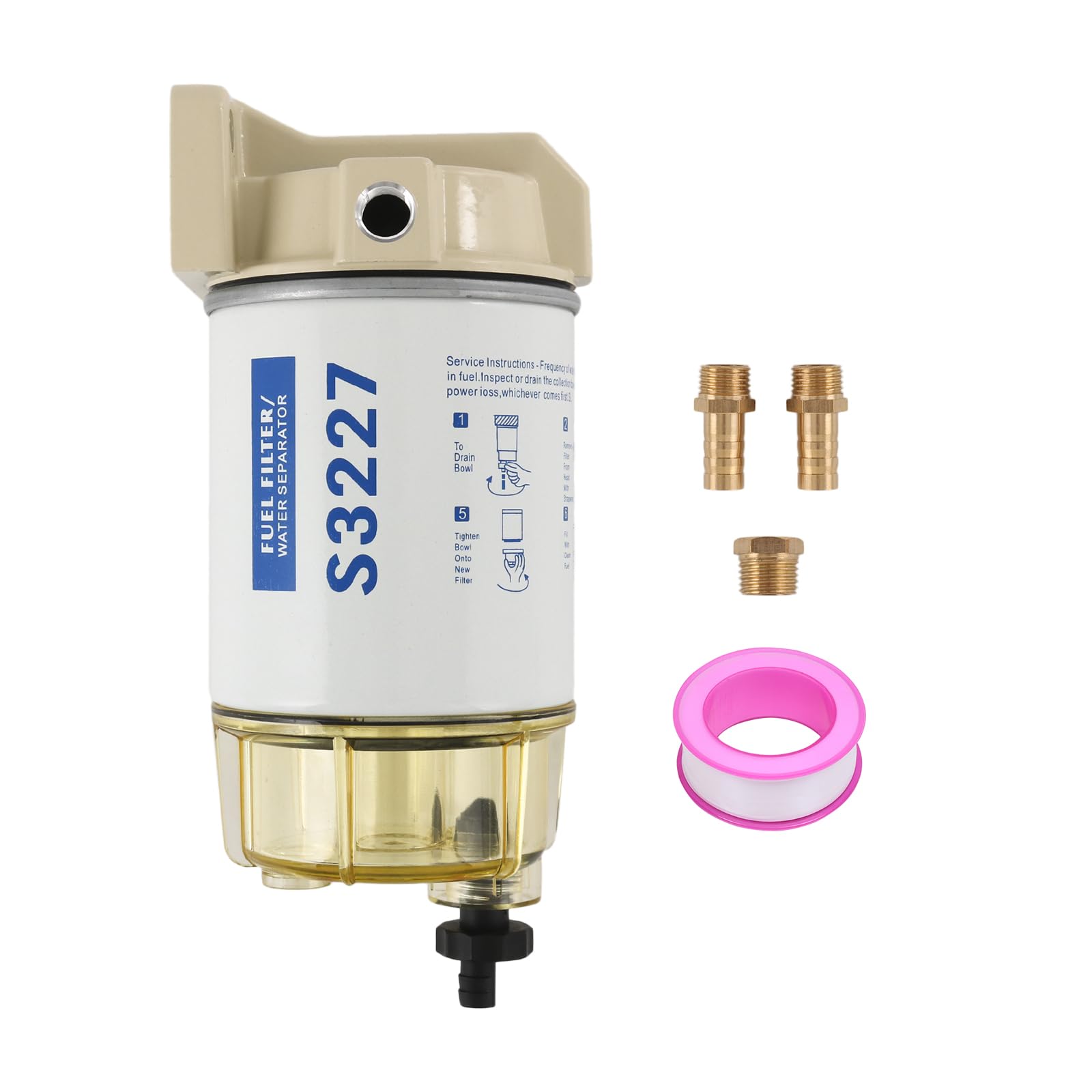 S3227 Fuel Filter Water Separator Assembly Replacement For Marine Outboard Motor Mercury With 3/8'' Barb X 1/4'' Npt Fittings Re