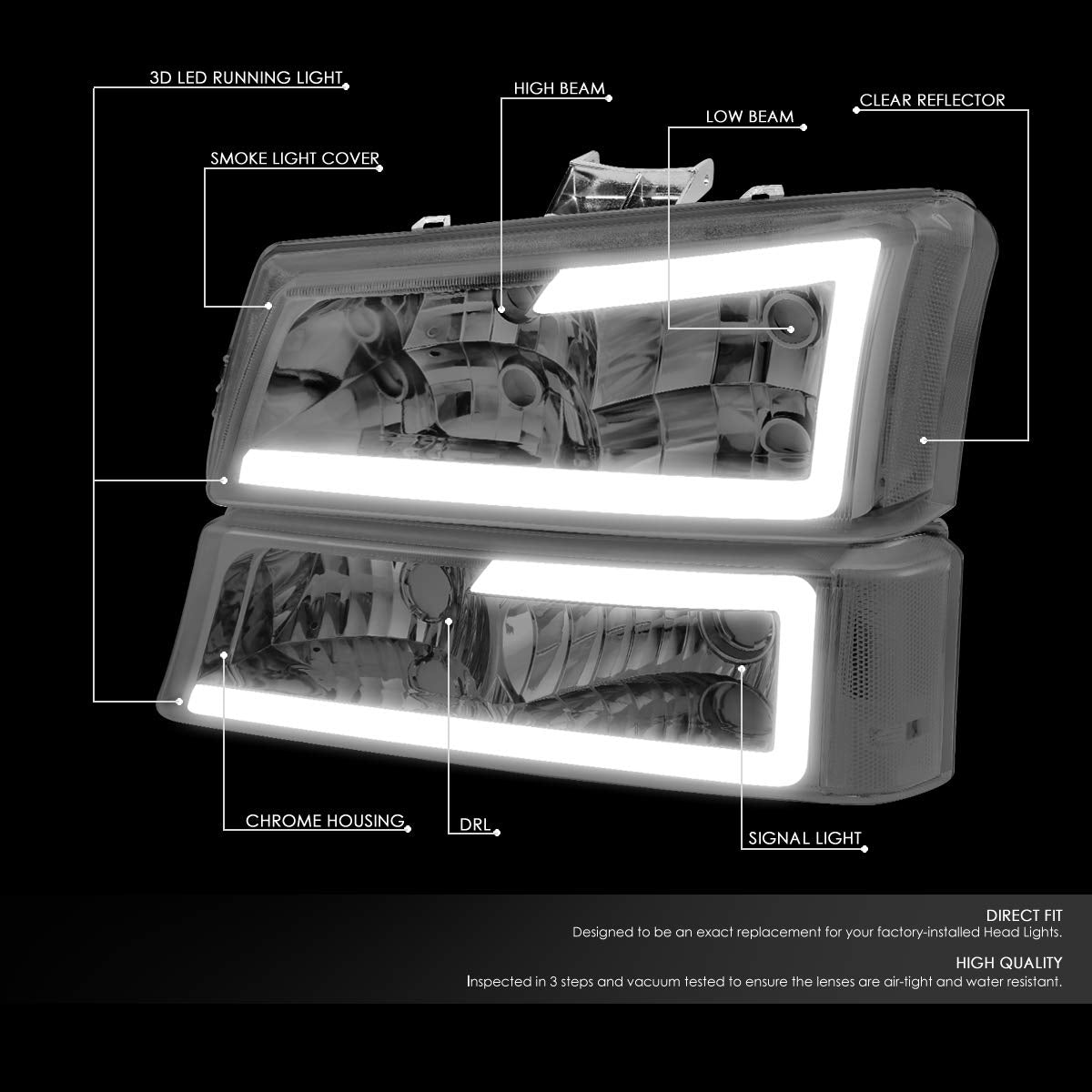 Dna Motoring Hl-Lb-Csil03-Sm-Cl1 Smoked Lens 3D Led Drl Headlight Bumper Lamp Set Compatible With 03-06 Silverado 1500-3500 / Av