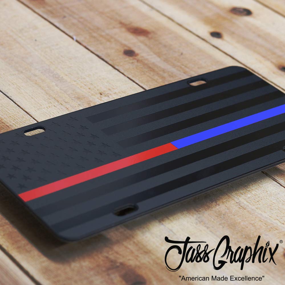 Jass Graphix Thin Blue Line Thin Red Line Almost Invisible American Flag License Plate Matte Black On 1/8'' Black Aluminum Compo