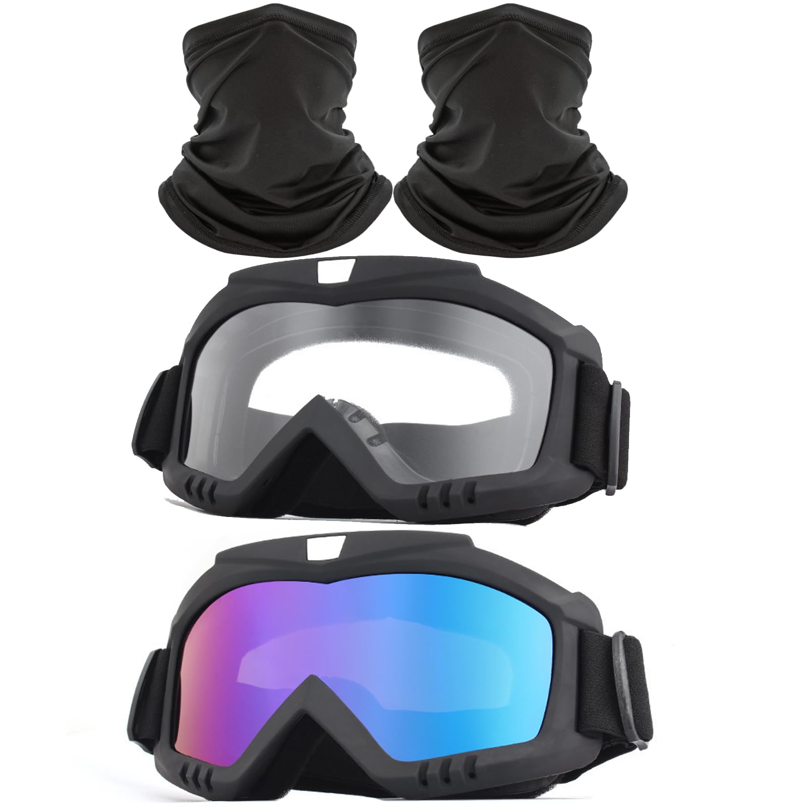 Immoono 2 Pack Dirt Bike Goggles With Neck Gaiter, Motorcycle Goggles Atv Goggles Riding Goggles Ski Goggles Windproof Glasses Racing Goggles With Face Cover Scarf, Black Frame Colorful-Clear Lens