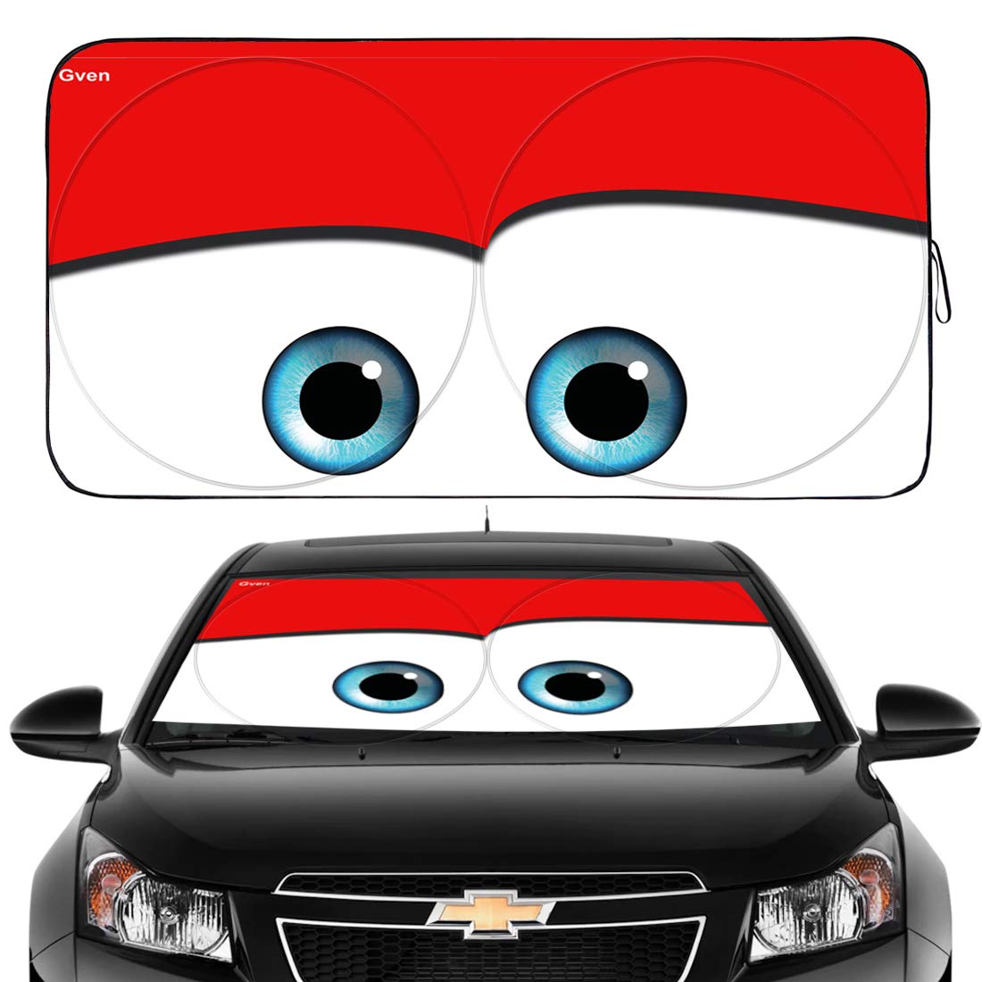 Gven Windshield Shade, Car Sun Shade For Front Windshield Funny Car Eyes Sunshades Sun Visor Protector Blocks Uv Rays Foldable 210T Keep Your Vehicle Cool (Eyes-Red, Standard)