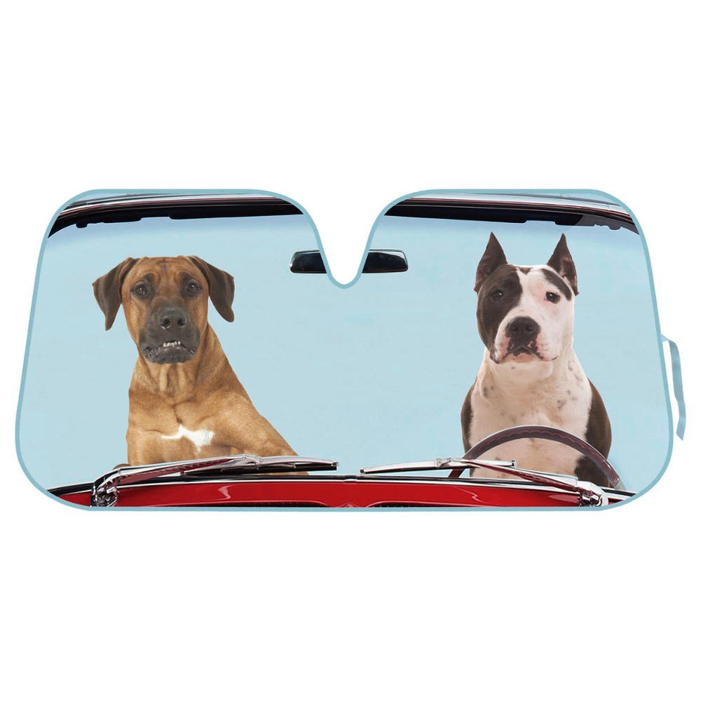 2 Dogs Driving Front Windshield Sun Shade - Accordion Folding Auto Sunshade For Car Truck Suv - Blocks Uv Rays Sun Visor Protect