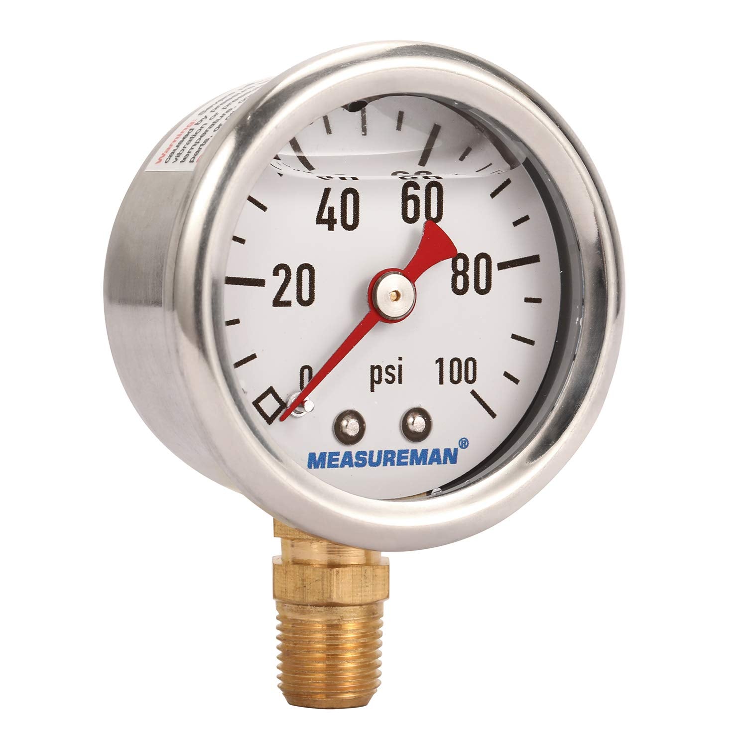 Measureman 1-1/2'' Dial Size, 304 Stainless Steel Case, Liquid Filled Fuel Pressure Gauge, 0-100Psi, +/-3-2-3%, 1/8'' Npt Center