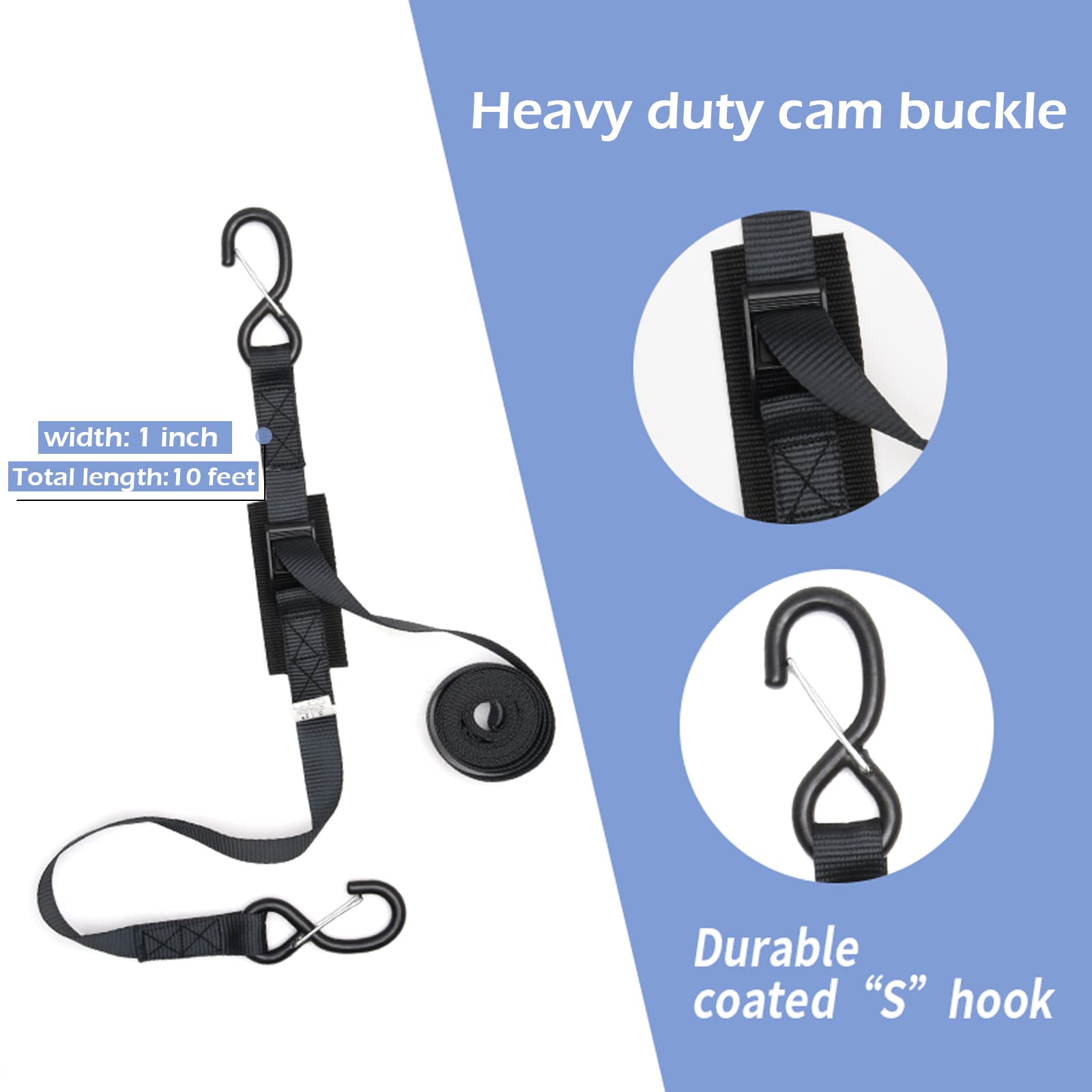 Cam Buckle Tie Down Straps with Hooks and Integrated Soft Loops, Heavy Dudy Lashing Straps for Motorcycle, Boat, Kayak, Truck, T