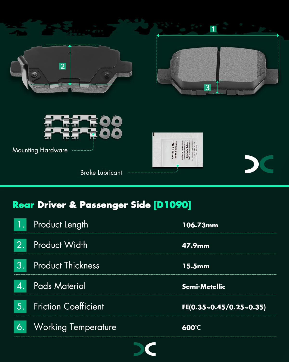 Scitoo D1090 Rear Semi-Metal Brake Pads Sets Fit For Acura Rl 2005 2006 2007 2008 2009 2010 2011 2012