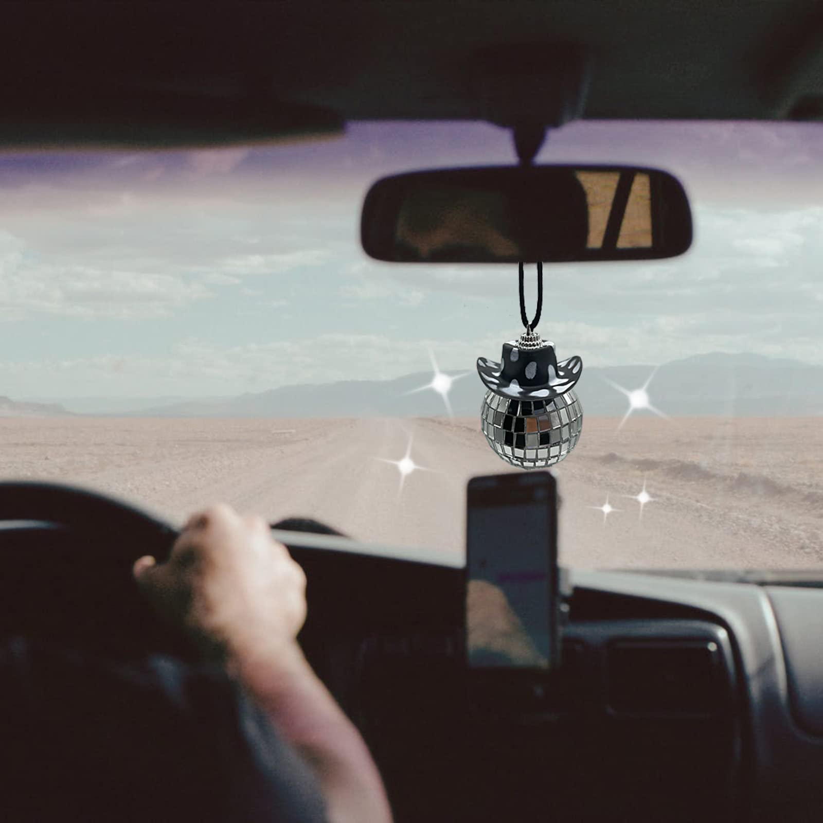 Spansee Black White Cow Print Car Accessories - Disco Ball for Rear View Mirror, Cowboy Hat - Black Accessories for Women