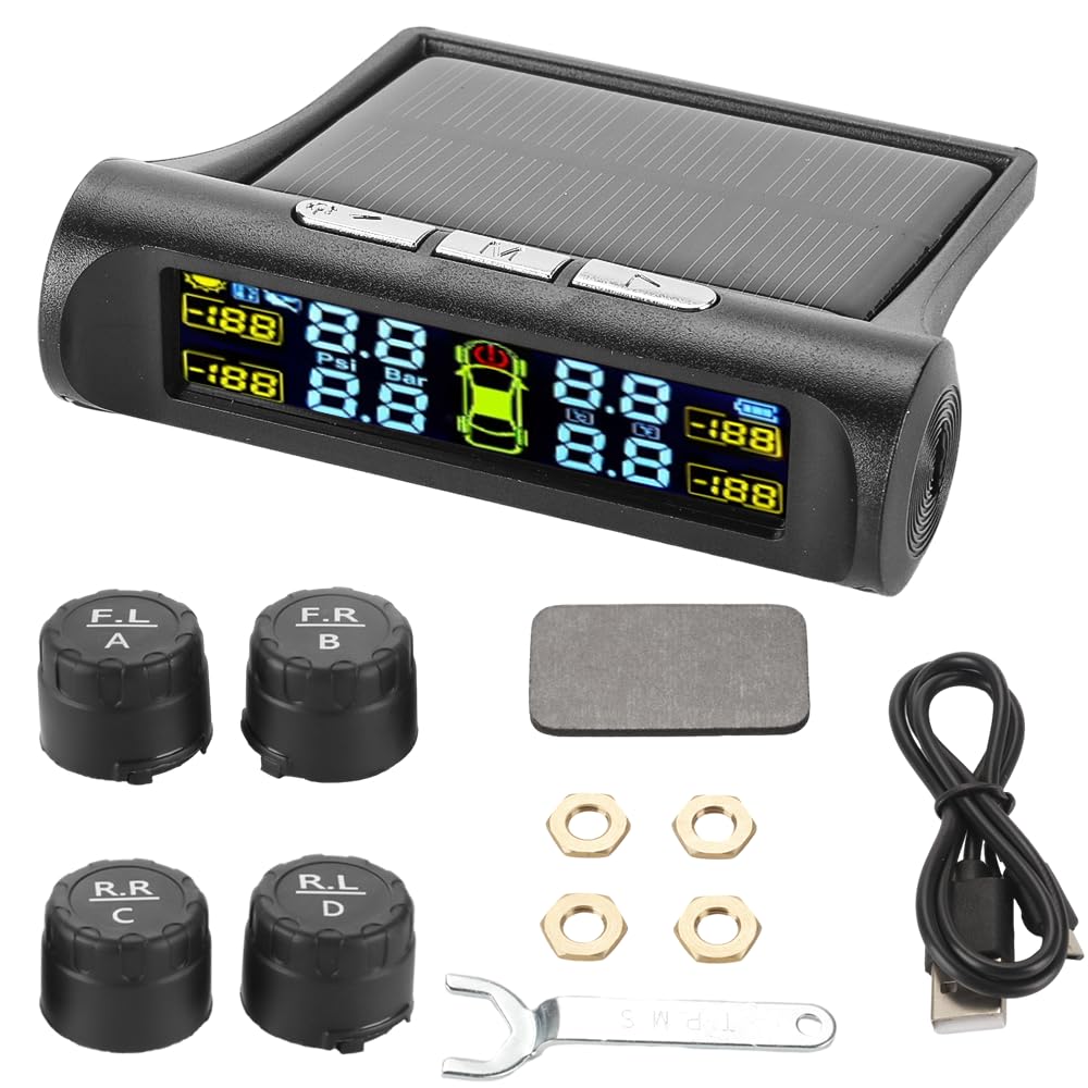 Tire Pressure Monitoring System Wireless Solar Power and USB Charger Monitor, Colorful LCD Display, TPMS with 4 Sensors & 5 Alar