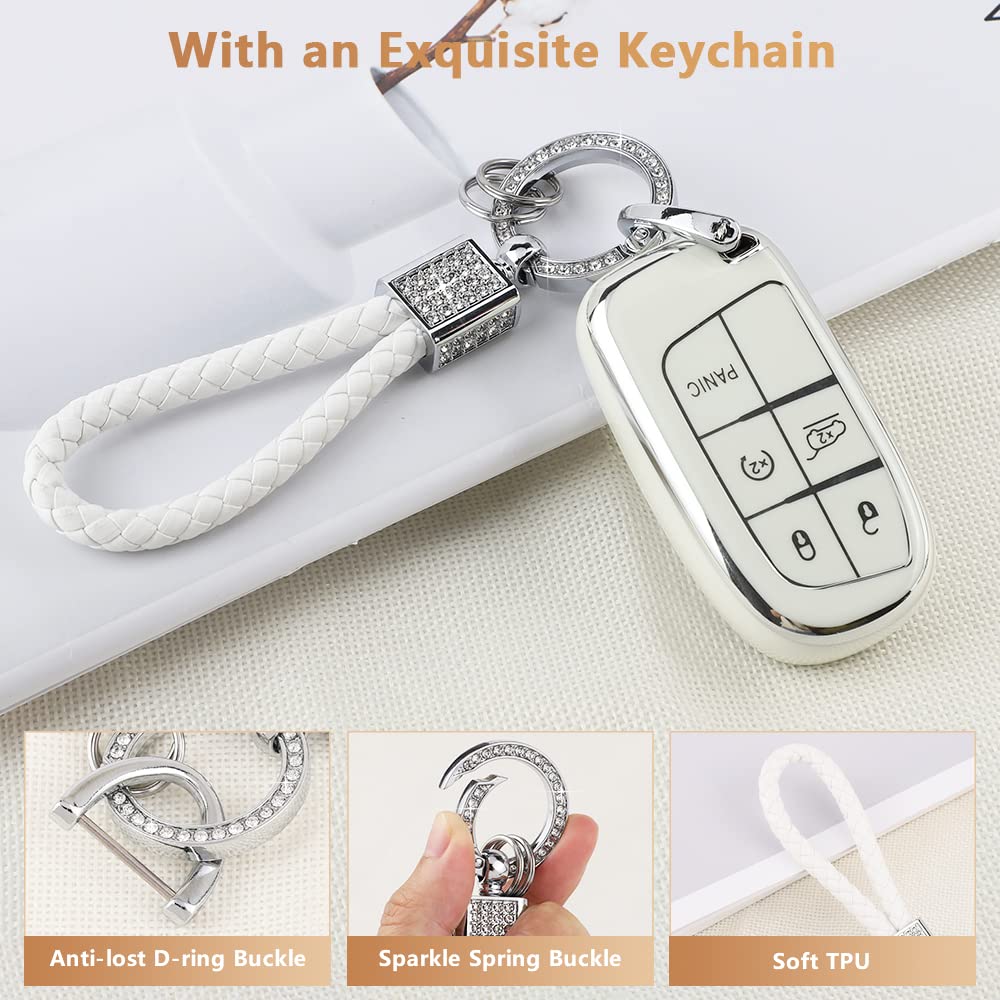 Pifoog White Key Fob Cover For Jeep Grand Cherokee Compass Renegade Accessories Tpu Soft Car Keys Case Shell Protector Bling Keychain 5 Buttons Girly Women Cute