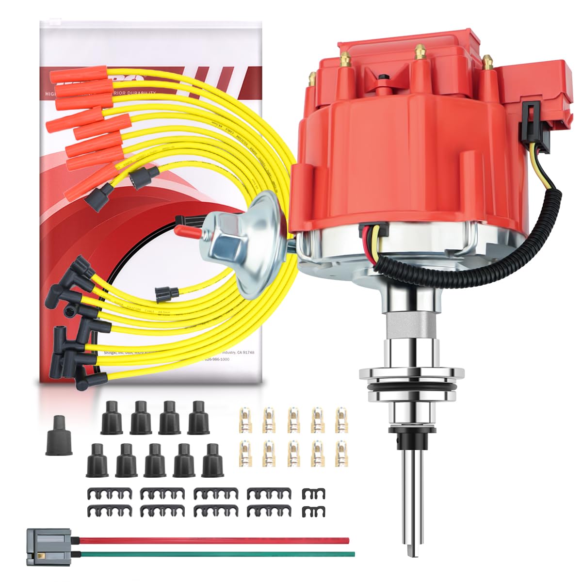 MAS Red Cap HEI Distributor&Spark Plug Wires&Free Pig Tail Kit Replacement for Chrysler LeBaron Dodge Plymouth V8 273 318 340 36