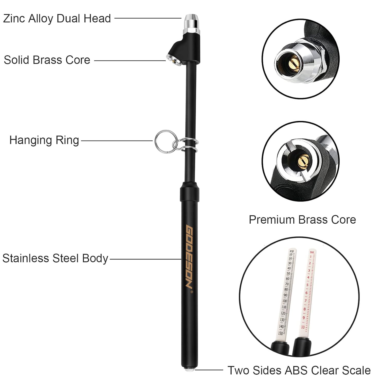 Godeson Heavy Duty Tire Pressure Gauge, Straight-On Dual Head Tire Air Gauge Range 10-150Psi, Extended Tube Tire Gauge Suitable