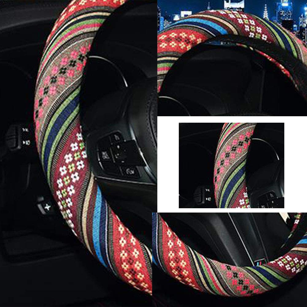 Shiawasena Car Steering Wheel Cover, Coarse Flax Cloth, Ethnic Style, Universal 15 Inch Fit, Anti-Slip Sweat-Absorbent (F#)