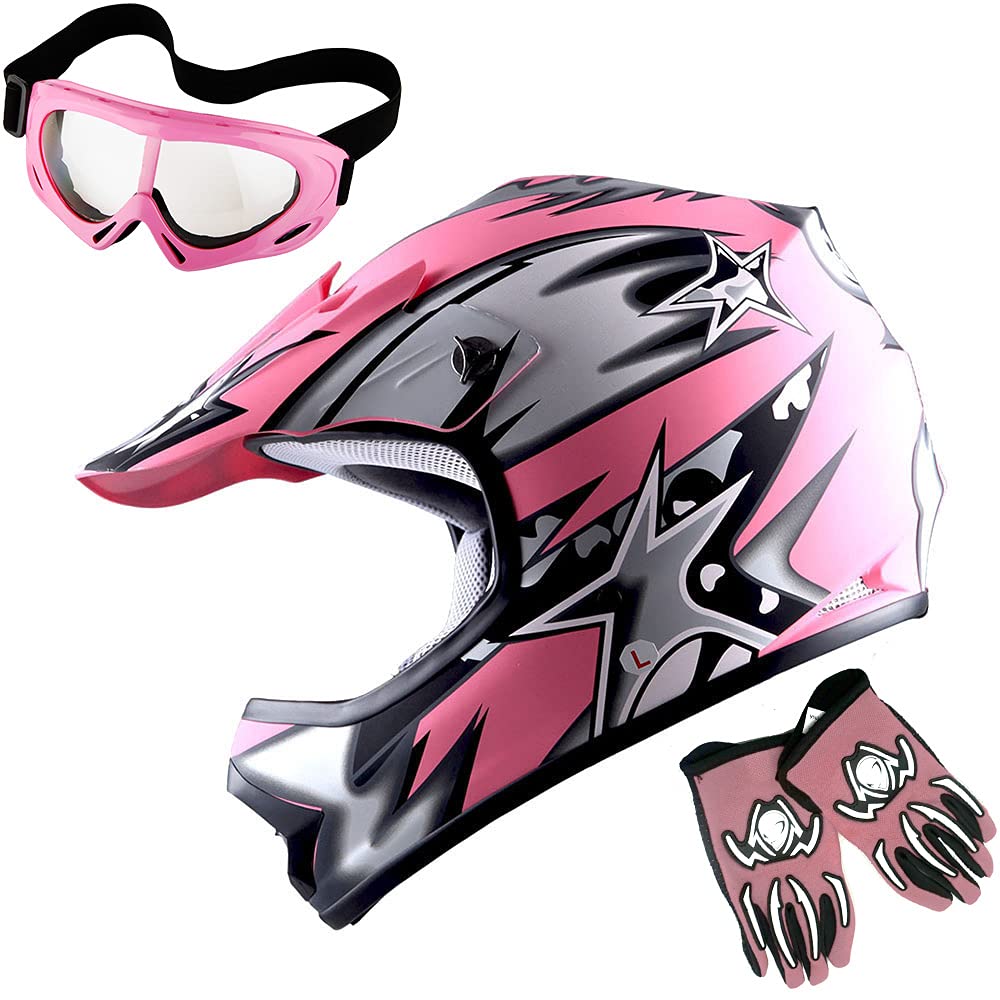 1Storm Youth Motocross Helmet Bmx Mx Atv Dirt Bike Helmet Matt Star Pink + Goggles + Mg Youth Pink Glove Bundle