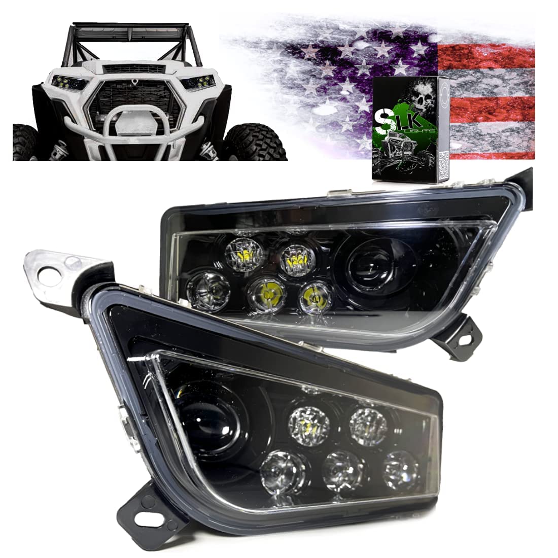 Slk-Lights Premium (Black) Rzr Led Headlight Compatible With Polaris General, Polaris Rzr 900S, Polaris Razor 1000 Xp Turbo (Fits: 2015-2021) (Non Halo Black).