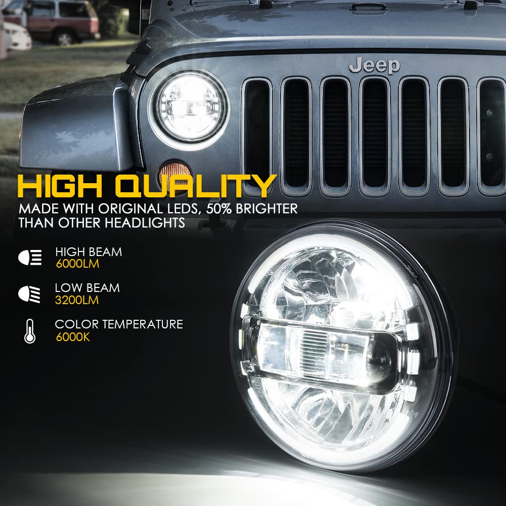 Xprite 7 Inch Led Headlights Dot Approved Compatible With Jeep Wrangler Jk Lj Cj Tj Hummber H1 H2 1997-2018, With High/Low Beam, Halo Drl Round Headlamps