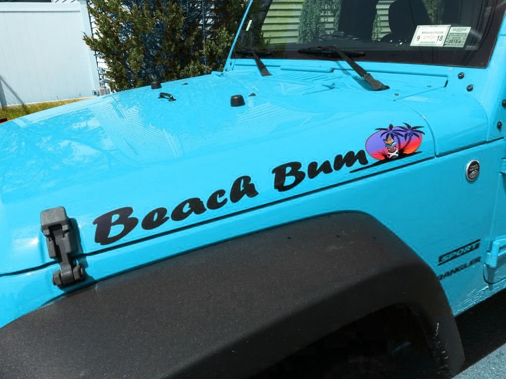 Beach Bum Decals With Tiki & Palm Tree - 2Pc Hood Decal Set - Made For: Wrangler Islander Sport Yj Tj Jk Jku X - Car Truck 4X4 Decals Stickers