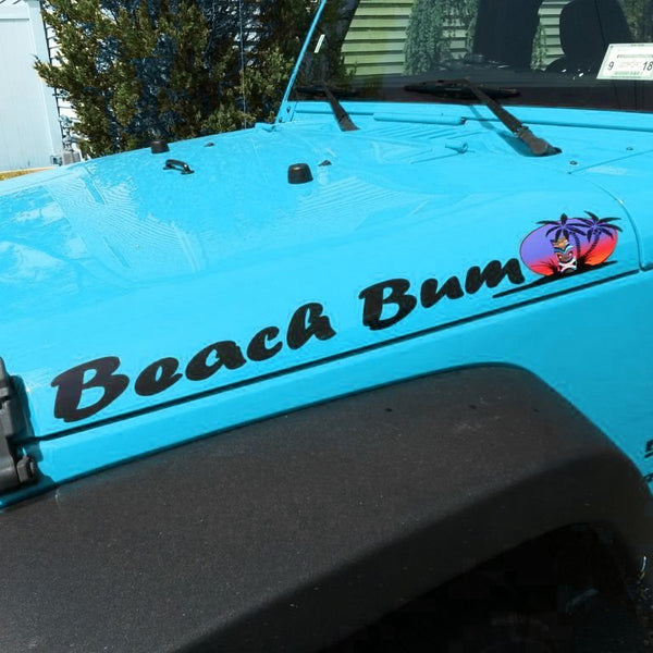 Beach Bum Hood Decals With Tiki & Palm Tree - 2pc Set For Wrangler Jeep Islander