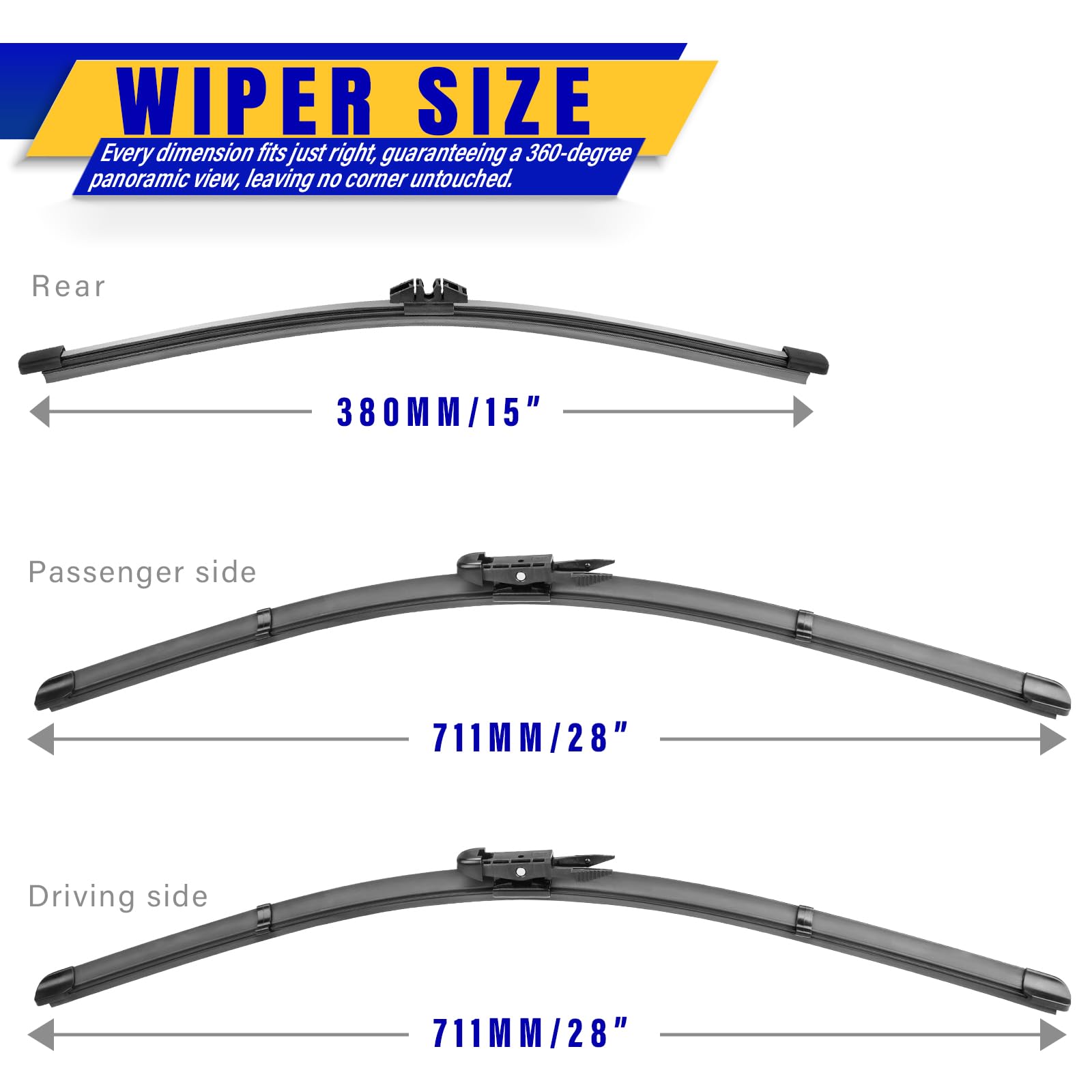 3 Wipers Replacement For 2015-2023 Ford Edge, Windshield Wiper Blades Original Equipment Replacement - 28''/28''/15'' (Set Of 3)