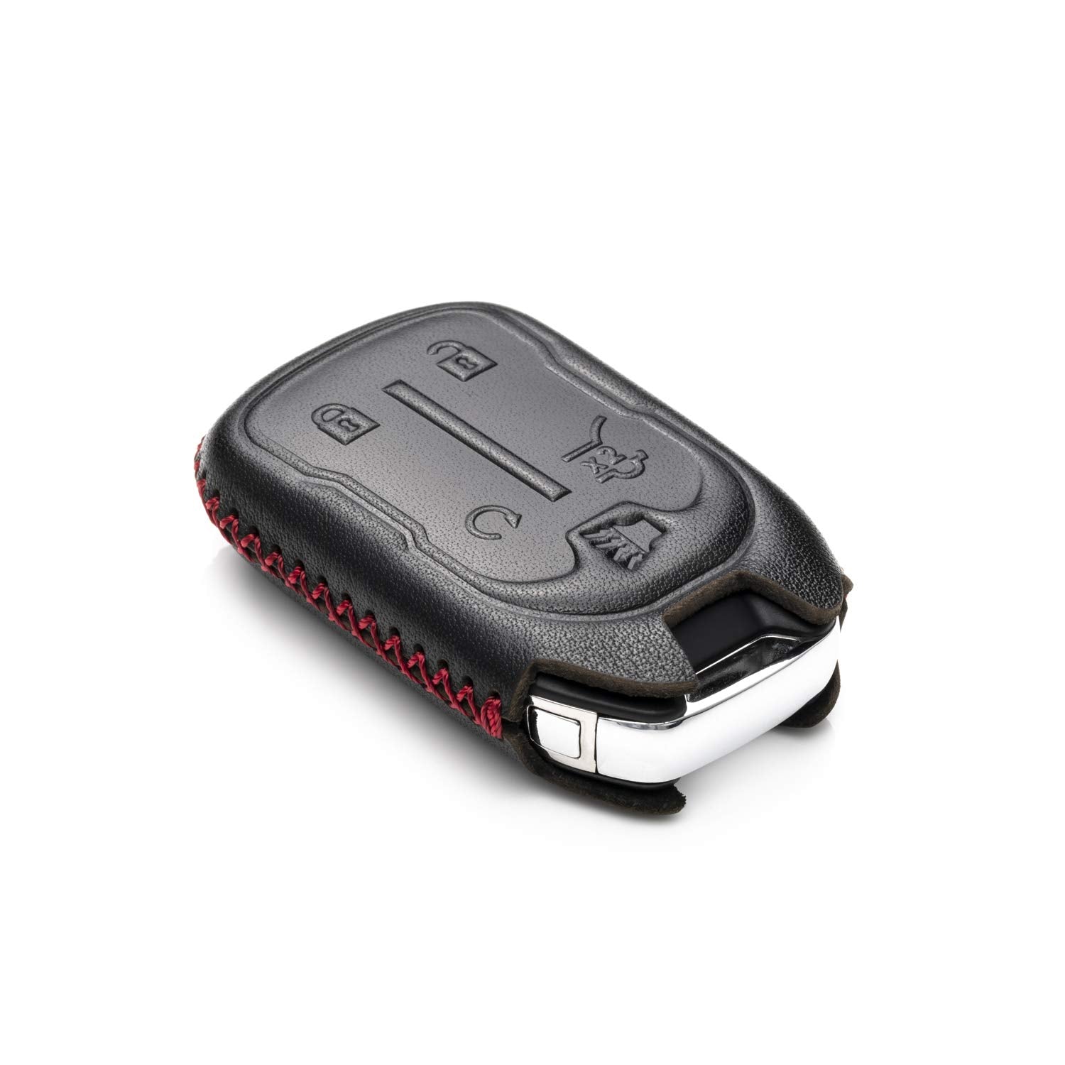 Vitodeco Genuine Leather Smart Key Fob Case, 5-Button, Black/Red, Compatible with GMC Acadia & Terrain 2017-2025, Model KC-ACADIA-L