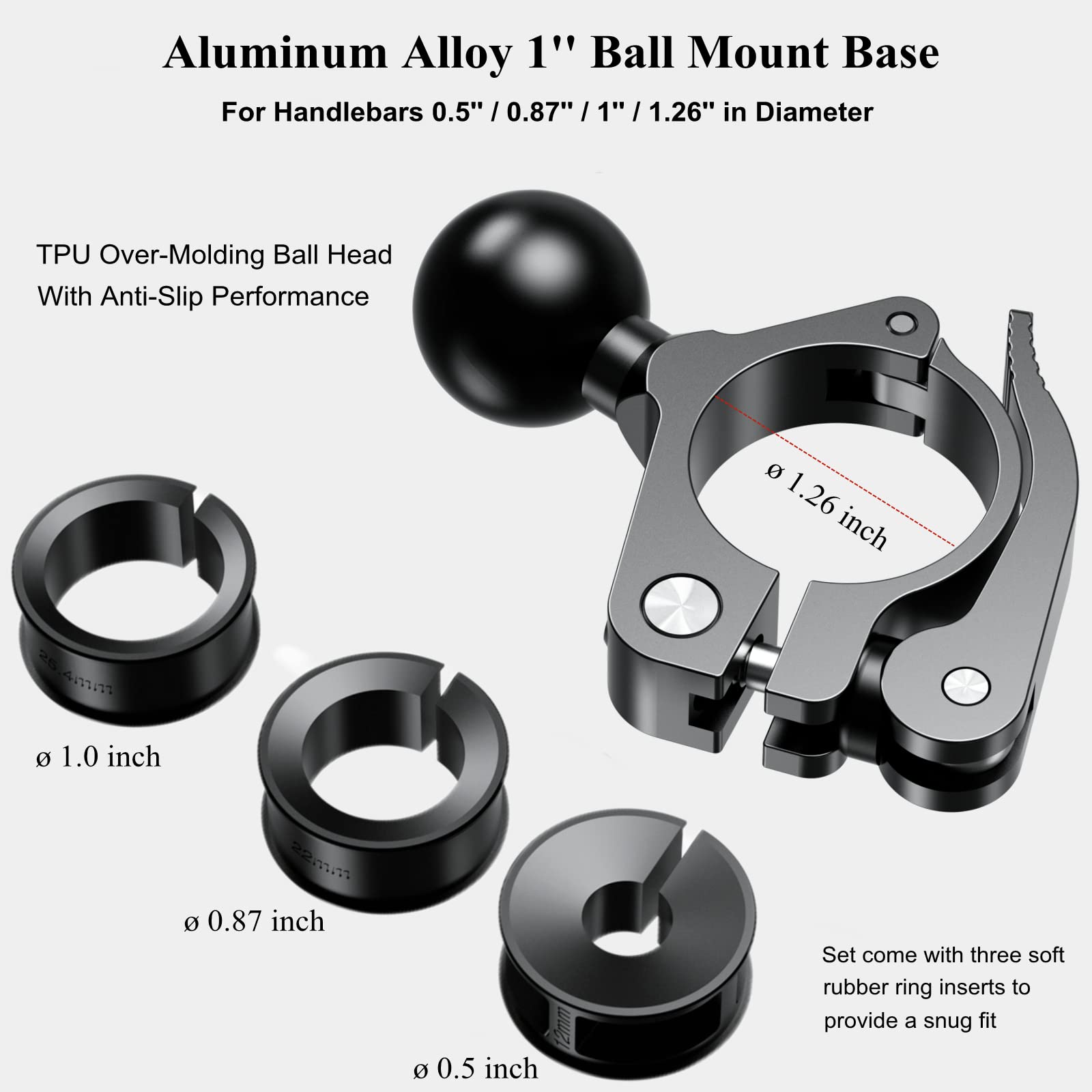 Brcovan Aluminum Alloy Handlebar Clamp Mount Base With 1'' Tpu Ball For Rail Diameter 0.5'' 0.87'' 1'' 1.125'' 1.26'', Fit For Ram Mounts B Size 1 Inch Ball Double Socket Arm, Tool-Less Installation