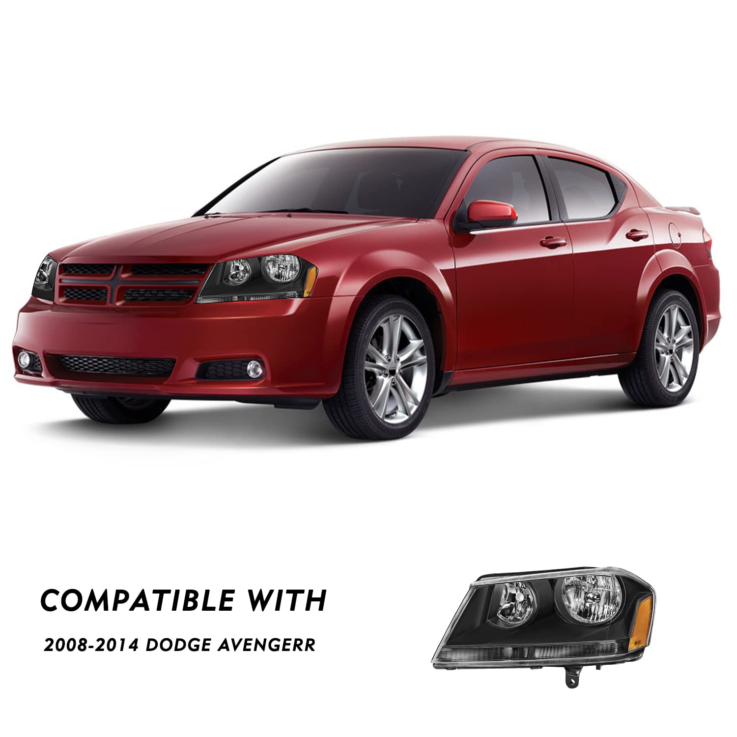 Tusdar Headlight Assembly Compatible With 2008-2014 Dodge Avenger Halogen Driver And Passenger Side Black Housing With Amber Reflector
