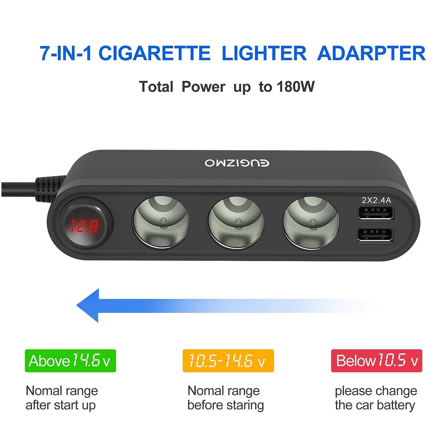 Eugizmo Usb Cigarette Lighter Adapter, 200W Car Cigarette Lighter Plug Splitter Adapter Usb Charger Extension Cord 3 Socket Way