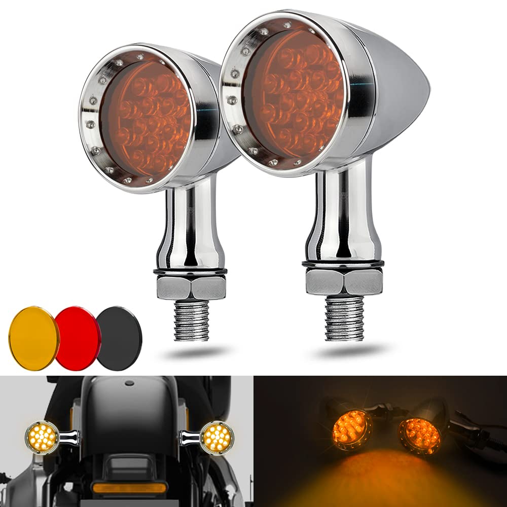 Motorcycle Turn Signals Led Bullet Front Rear Indicator Lights Universal Compatible For Harley Davidson Cruiser Iron Softail Street Bike Honda Shadow Yamaha Chopper Bobber Cafe Racer(Chrome/Amber-B)