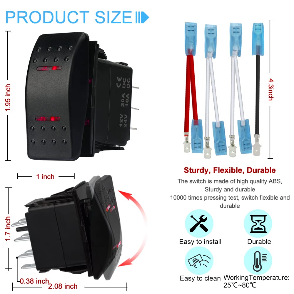 HOKAAER Waterproof Rocker Switch Toggle On-Off-On 12V/20A 24V/10A 7Pin DPDT Red LED Light, with Jumper Wires Set for Marine Boat