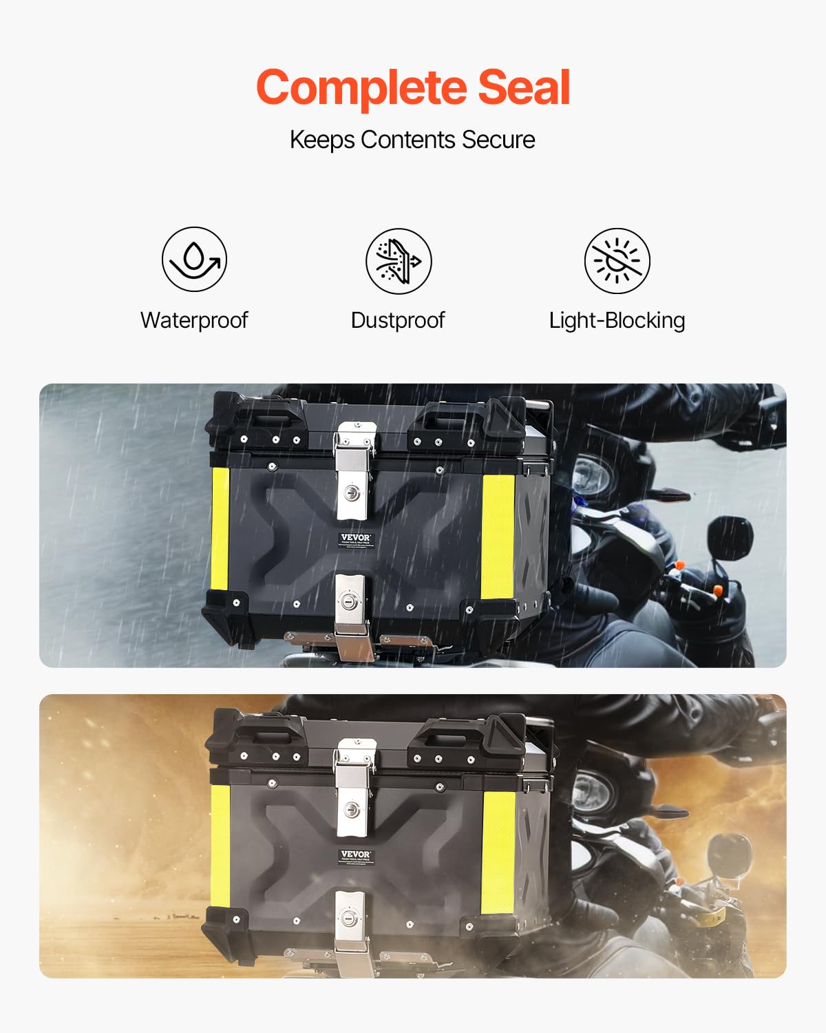 VEVOR Motorcycle Top Case, Universal Aluminum Alloy Motorbike Tail Box with Leather Lining, 55L Waterproof Detachable Motorcycle