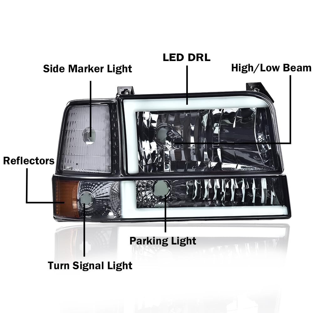 Cheda Led Drl Headlights Assembly W/Corner Signal Bumper Lamps Compatible With 92-96 Ford F150 Bronc/Fit 92-97 F250/F350 Super D