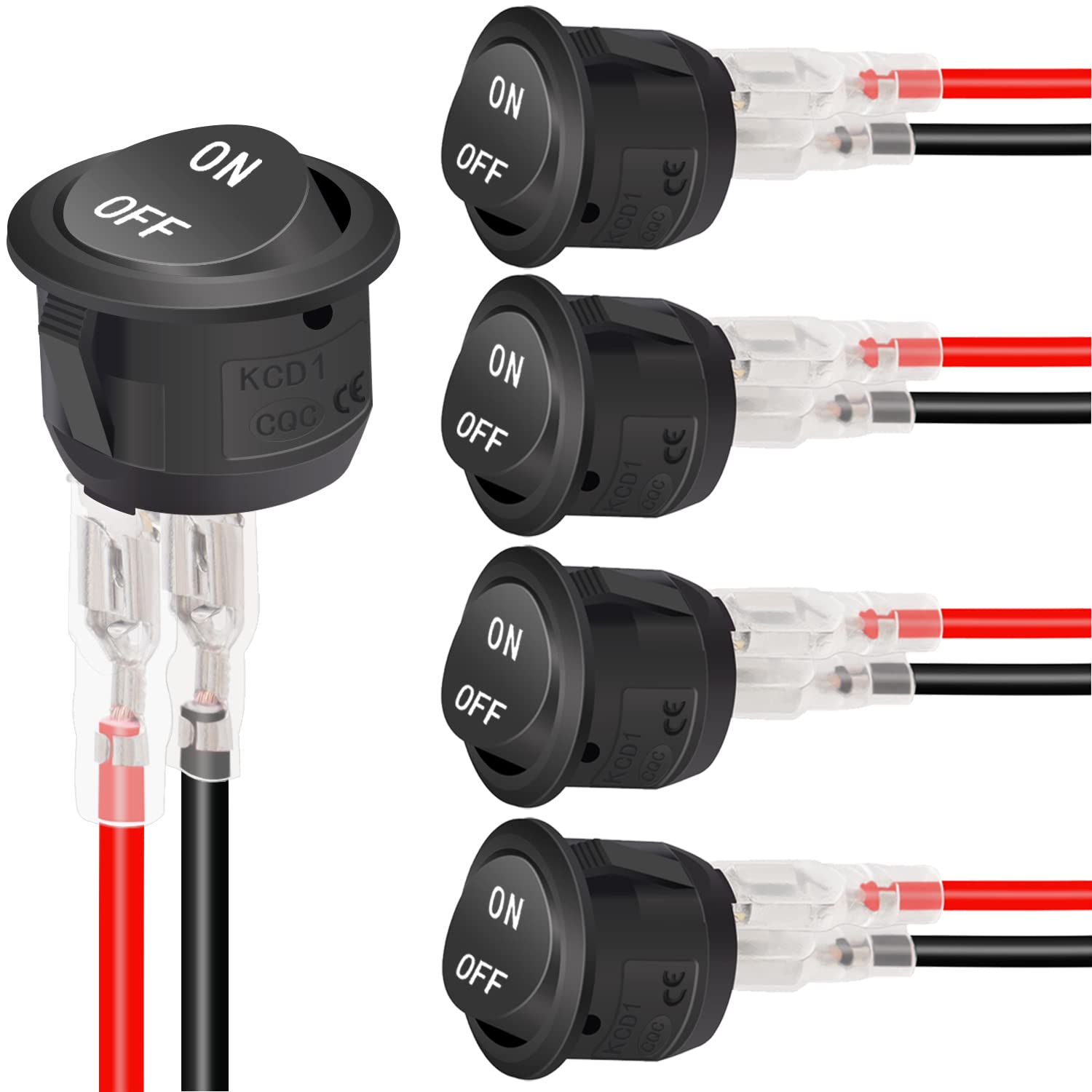 Twidec/5Pcs 12V Round Rocker Switch Ac 6A/250V 10A/125V Spst 2 Pin 2 Position On/Off Toggle Switch For Car Boat Automotive Rv Black With Wires Kcd1-5-101-On-Off-Cx