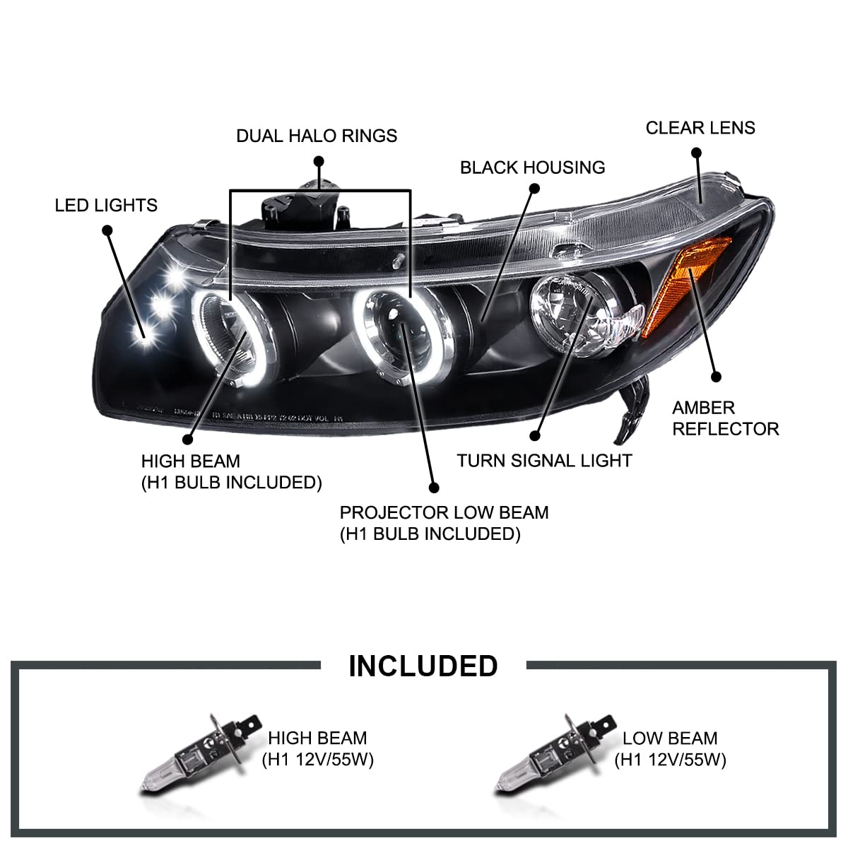 Spec-D Tuning Led Projector Headlights Black Compatible With 2006-2011 Honda Civic 2 Door Coupe, Left + Right Pair Headlamps Ass