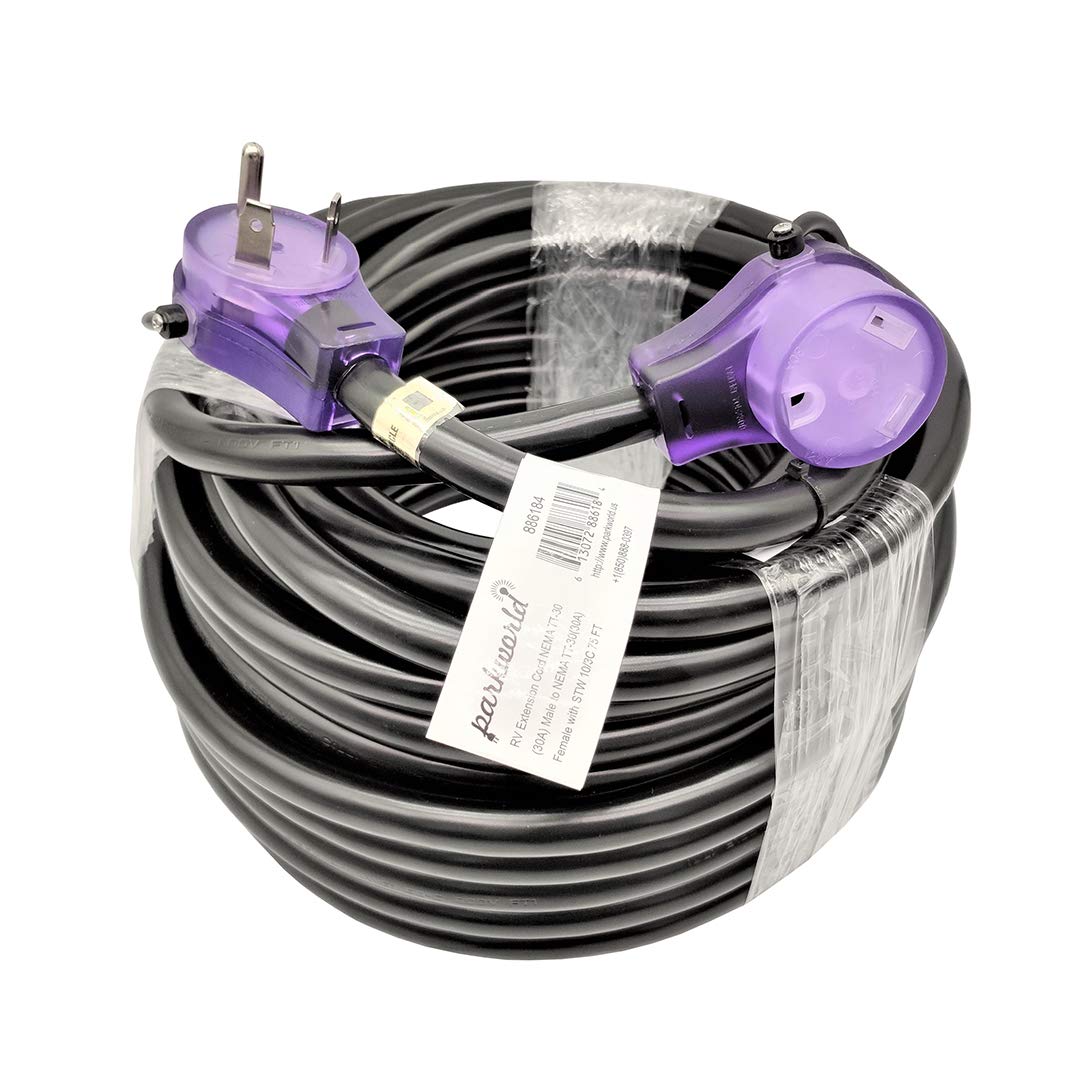 Parkworld Rv 30A Extension Cord Nema Tt-30 With Handle, Camper 30Amp Tt-30P To Tt-30R (75Ft)