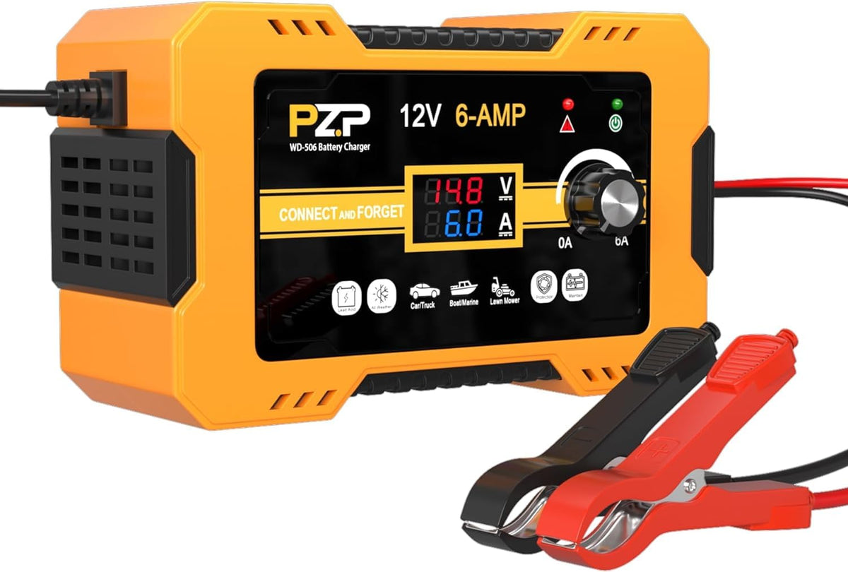 Pz.P 12V Automatic Car Battery Charger, 0-6A Arbitrarily Adjustable Smart Trickle Charger, Auto Desulfator With Battery Repair,