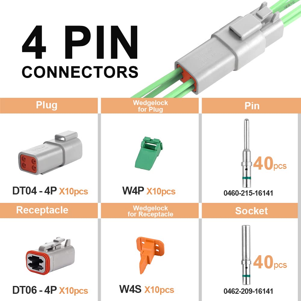 Jrready St6248 Dt 4 Pin Connector 10 Sets, Gray Waterproof Electrical Wire Connector With Solid Contacts 14-20Awg