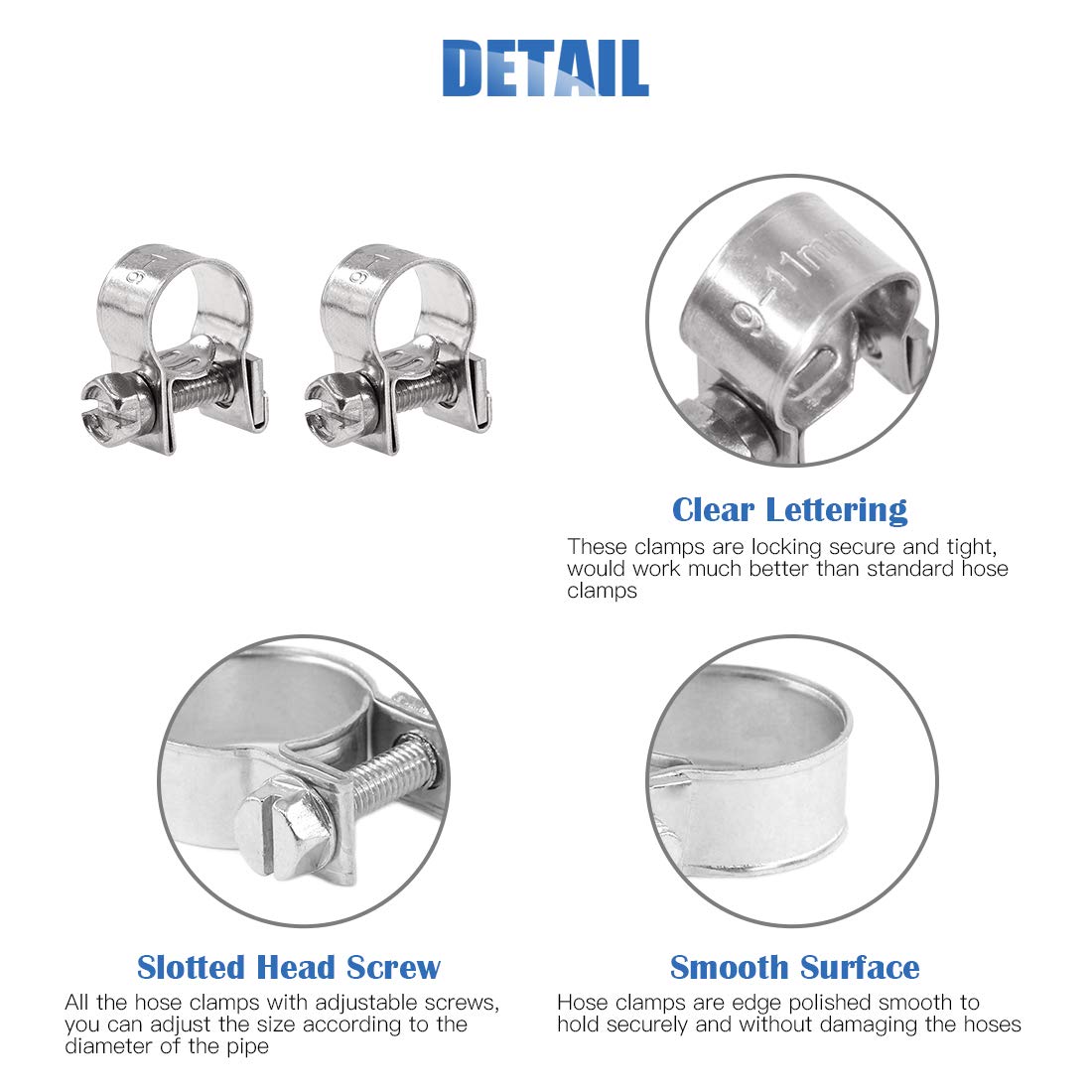 Glarks Stainless Steel Mini Fuel Injection Hose Clamps Set, 12-Pack, 9-11mm Adjustable Pipe Clips, Silver, for 11/32-7/16 Dia Tubes