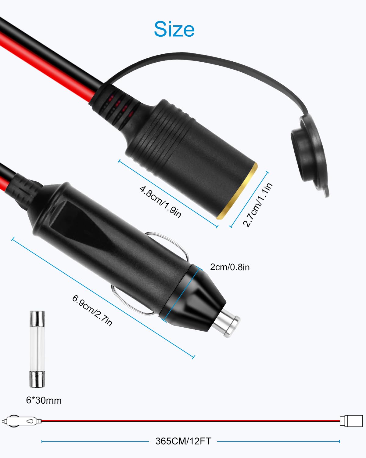 Alitove 12Awg Cigarette Lighter Extension Cord 12Ft 30A 360W Max. Heavy Duty Power Cable Male Plug To Female Socket For 12V 24V