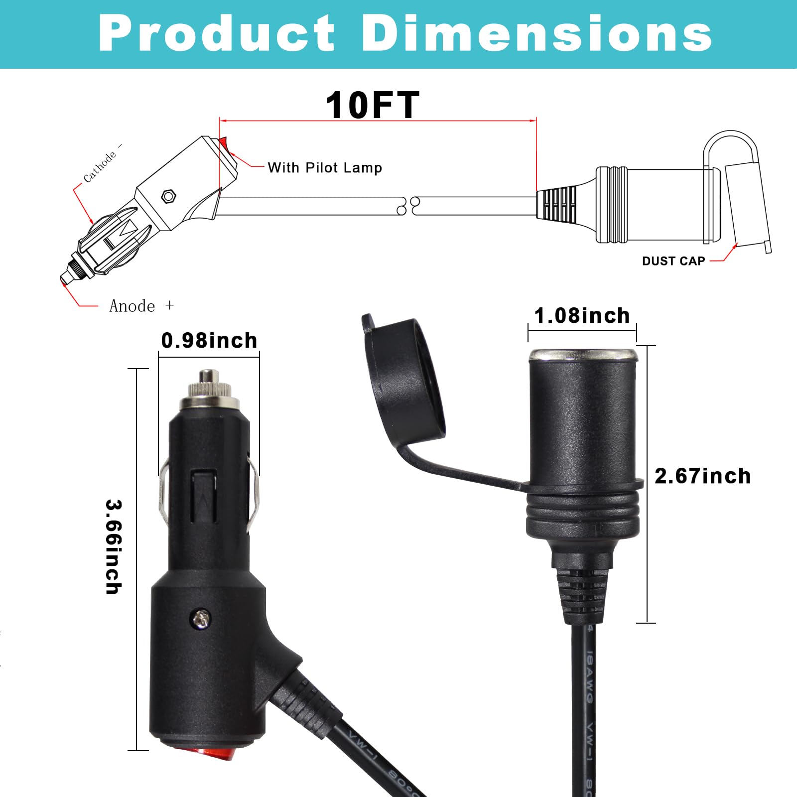 10Ft 12Volt Dc Cigarette Lighter Extension Cord With On Off Switch - Black Car Power Charge Extension Cable With 15A Fuse, Cigar Lighter Male Plug To Female Socket Extender With Cap For Air Compressor