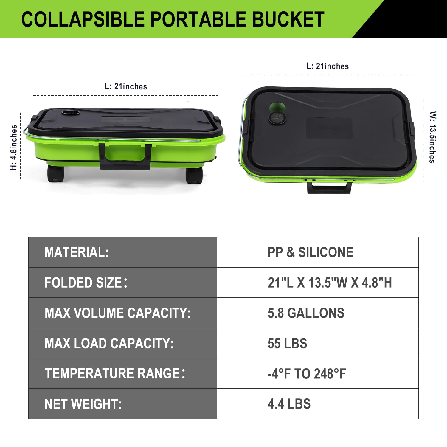 Newmkr Collapsible Bucket 5.5 Gallon with Wheels & Handle, 2-in-1 Foldable Car Wash Bucket with Drain Plug for Pressure Washer,