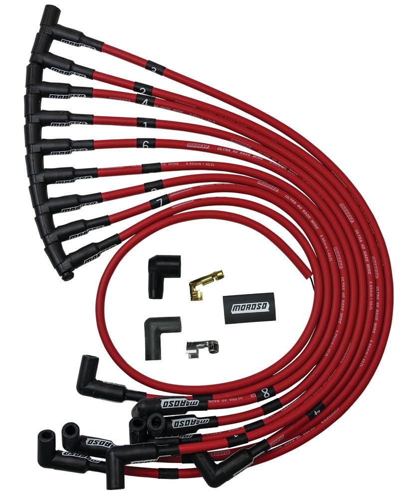 Moroso 73684 Ultra 40 Red Spark Plug Wire Set, 90 Degree Plug Ends, Hei Distributor, Over Valve Cover Routing