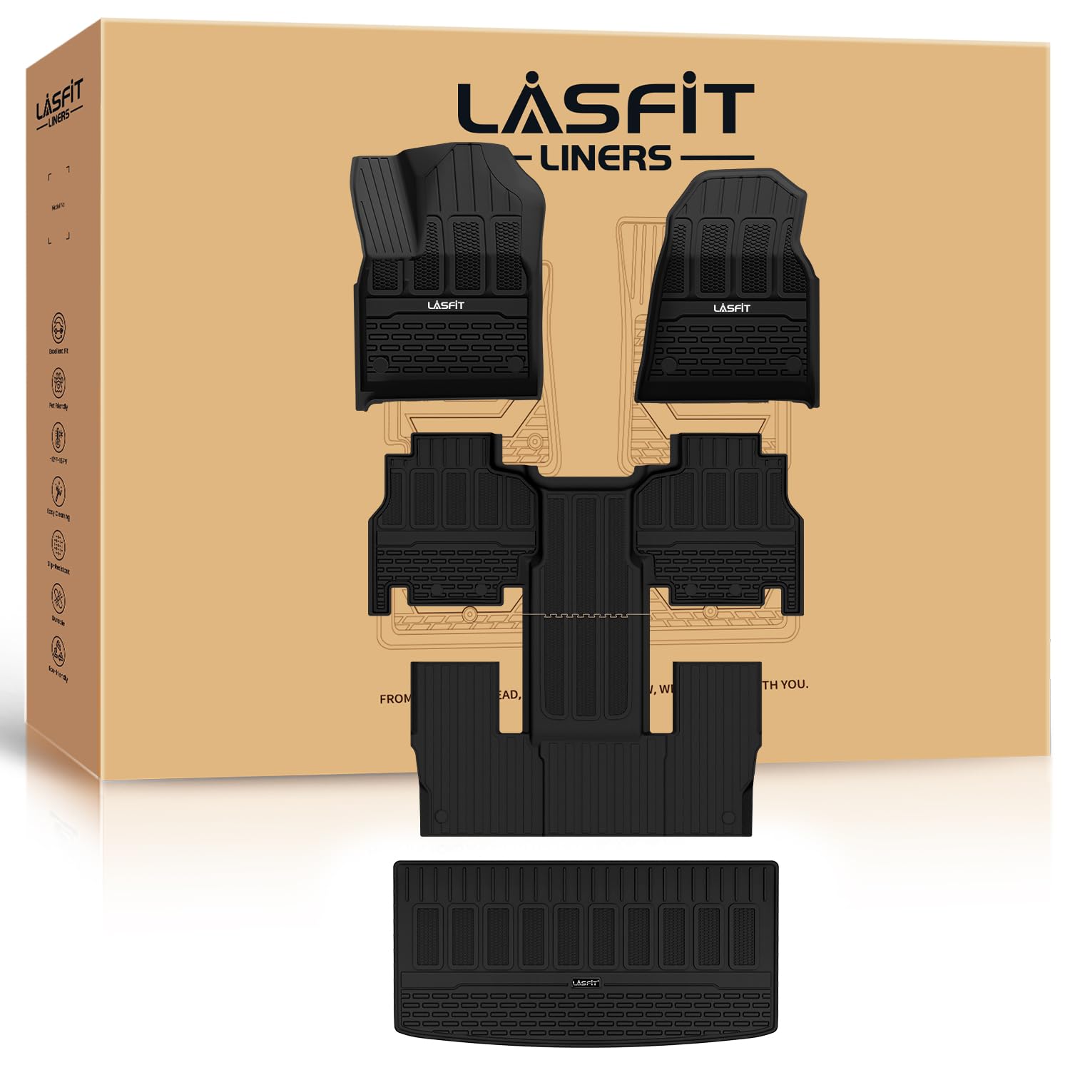 LASFIT Floor Mats & Trunk Mat for Jeep Grand Wagoneer 2022-2025 7 Seats Only (NOT Fit for L or 8 Seats) All Weather TPE Custom F