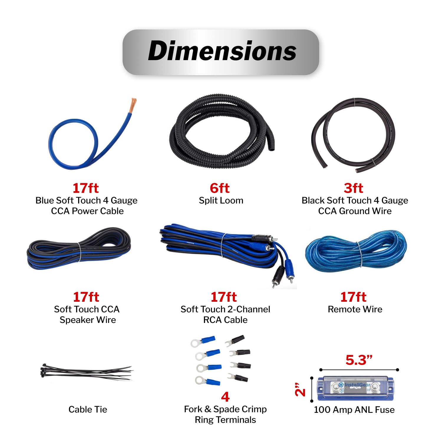 Installgear 4 Gauge Amp Wiring Kit - 17Ft Amplifier Subwoofer Wiring Kit With True Spec Cables - Power Soft Touch Wire Set For C