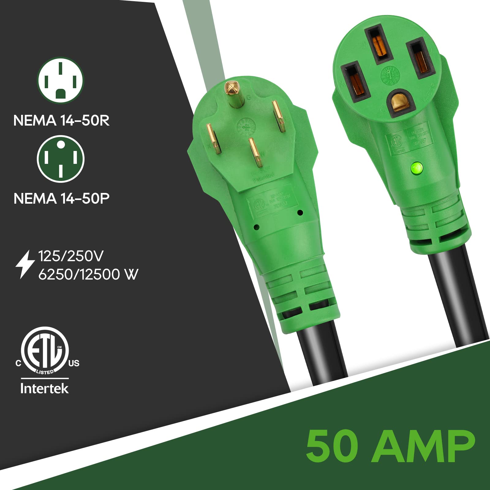 RVGUARD 50 Amp 25 Foot RV/EV Extension Cord - Heavy Duty, LED Indicator, Green, Model RGC5025F-G, ETL Listed