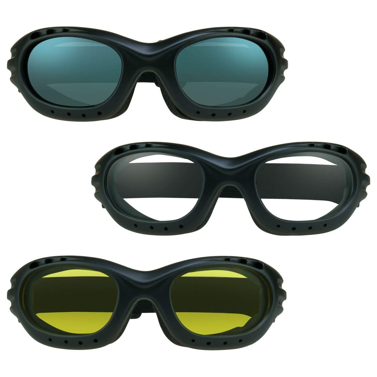 Bikershades Motorcycle Goggles Sunglasses Smoke, Clear & Night Yellow Foam Cushion Adjustable Strap Ski Sky Diving