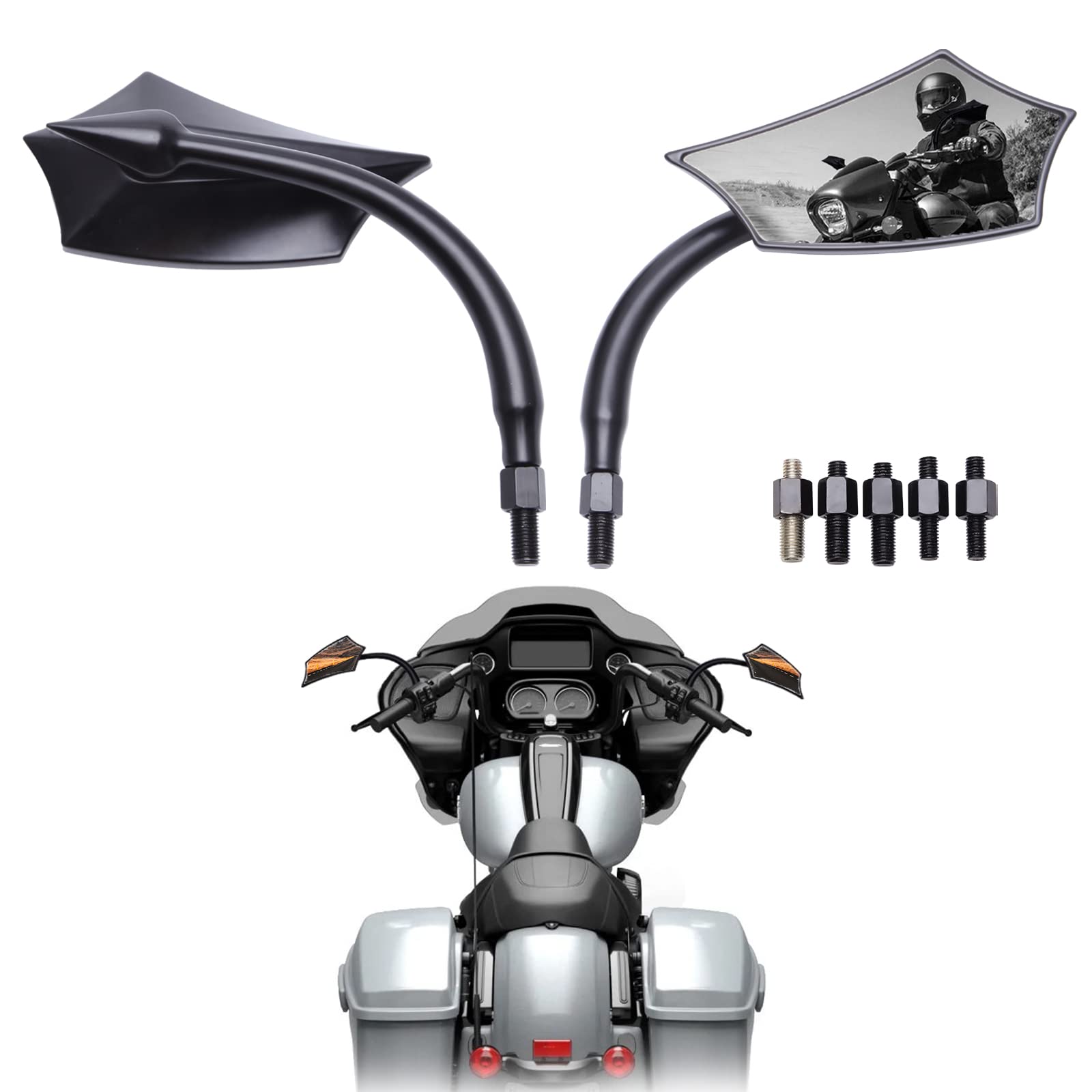 Dreamizer Universal 8Mm/10Mm Black Irregular Shape Motorcycle Rear View Mirrors Compatible With Compatible With Harley Cruisers Sportster Softail Touring Road King