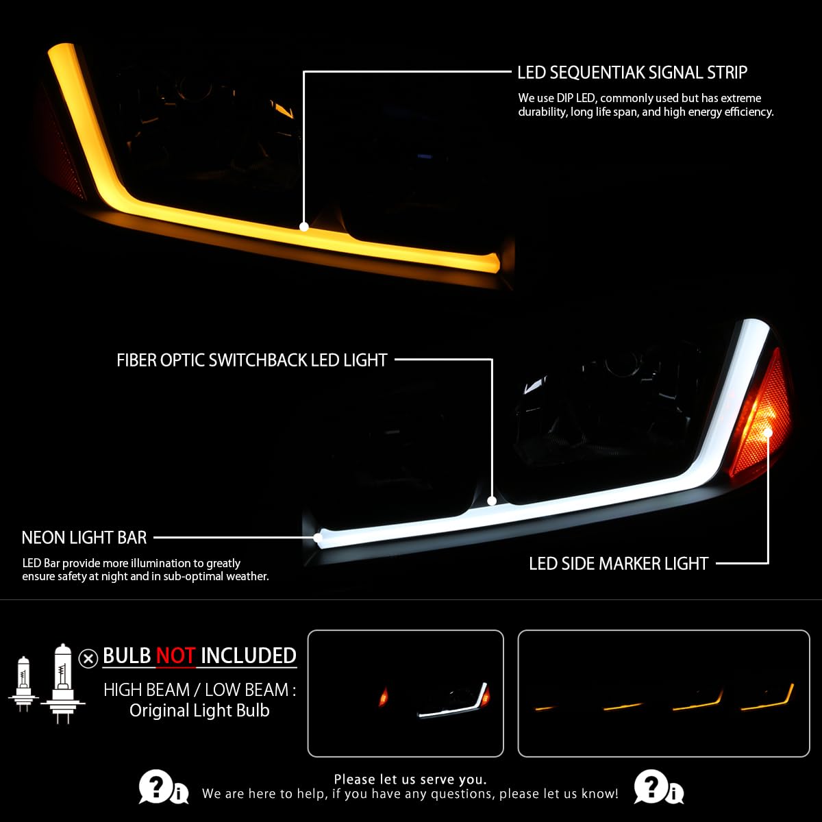 Autozensation Compatible With 2006-2010 Dodge Charger 4Dr Sedan, Left + Right Pair Headlamp Assembly, Black Headlights W/Fiber Optic Led Strip And Turn Signal Light
