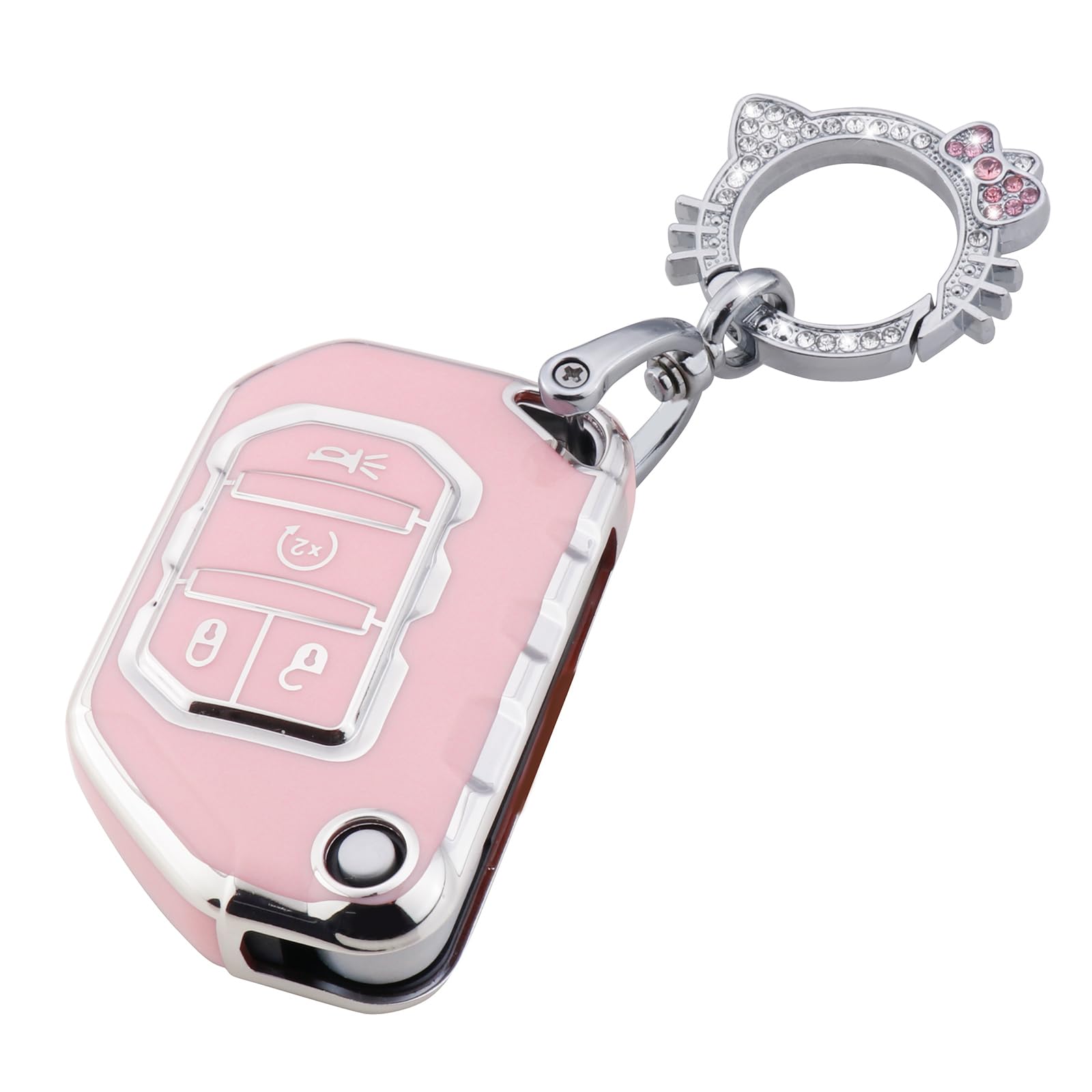 Pangpai Pink Key Fob Cover for Jeep, Soft TPU Key Case Protection with Bling Keychain Fit for 2018-2022 Jeep Gladiator Wrangler 