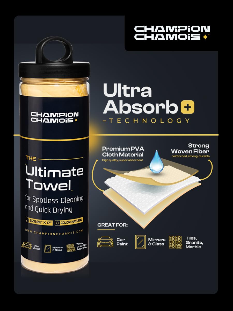 Premium Ultraabsorb+ Shammy Towel For Cars, Boats, Home (26X17) - Super Soft, Scratch Free, Lint Free Chamois Cloth - Reusable Car Drying Towel - Natural/Yellow