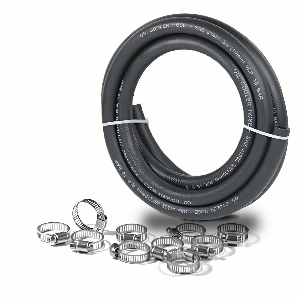 3/8 Transmission Oil Cooler Hose 10FT - SAE J1532 Certified, 300PSI High Pressure, Includes 10 Clamps for Leak-Free Fit (-40F to